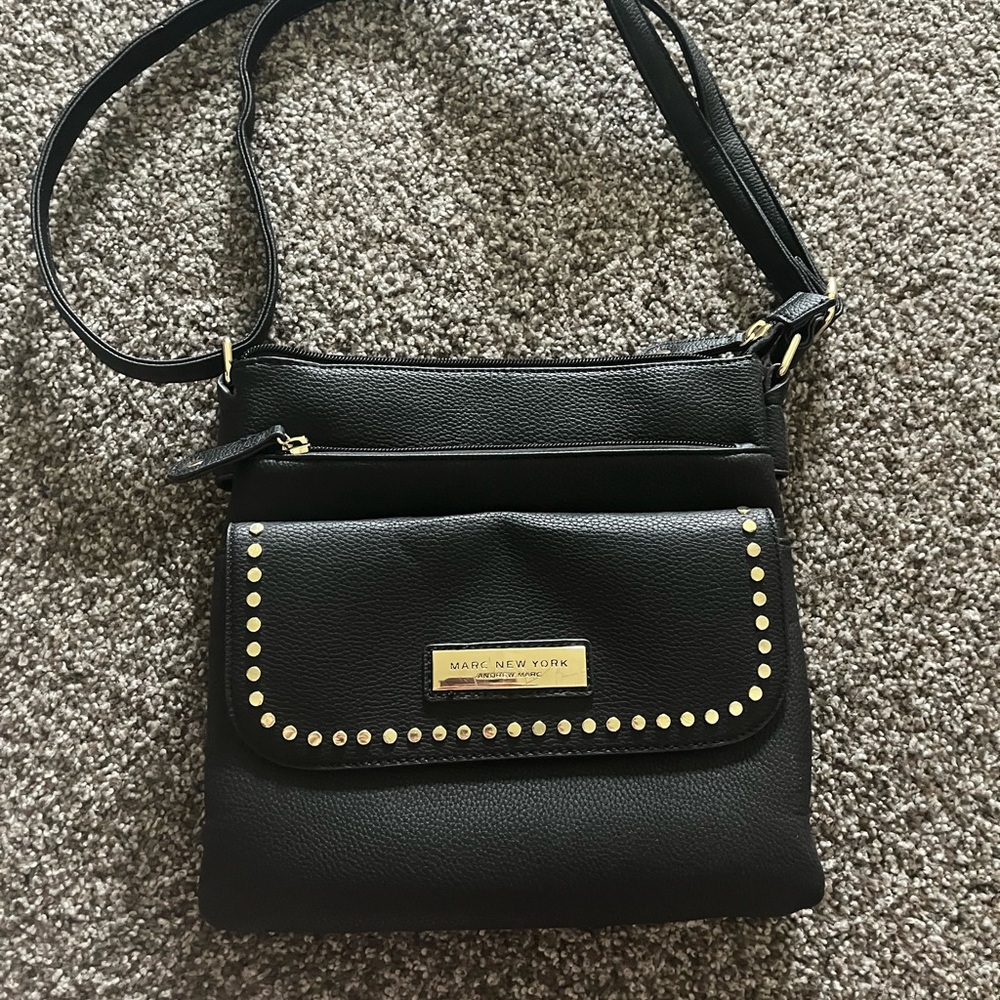 Black Crossbody Bag with Gold Accents